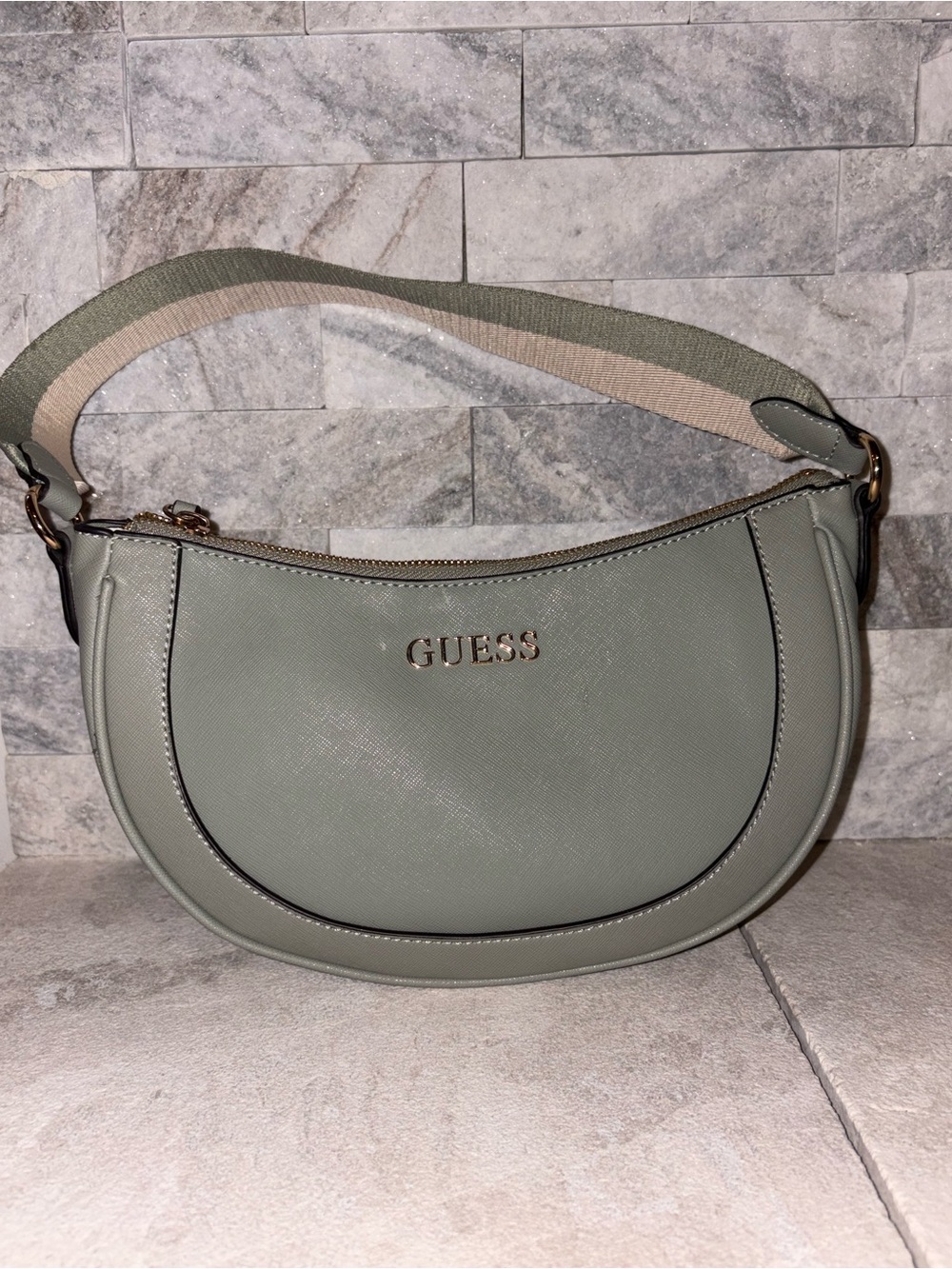 GUESS Olive Green Crescent Shoulder Bag with Striped Strap